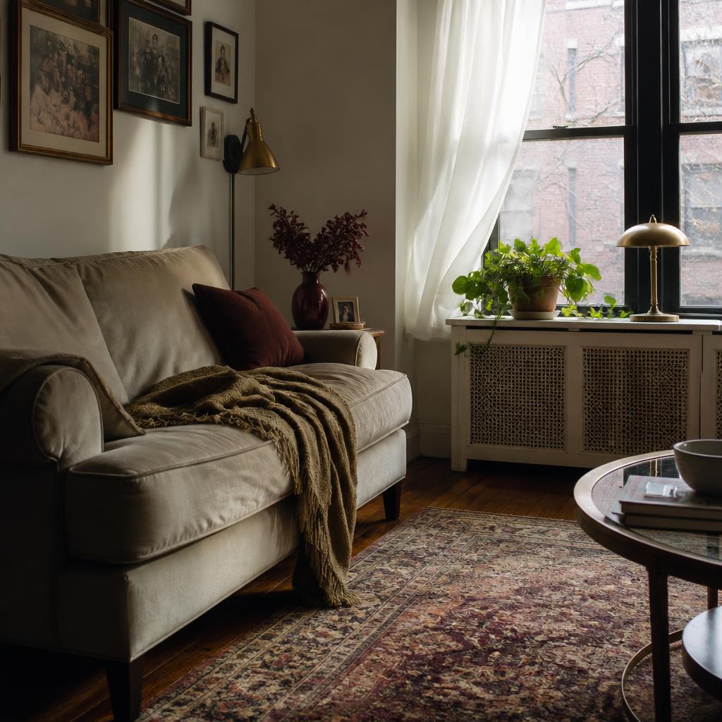 Sunlit Chicago living room with a discreet wall-mounted air conditioning unit